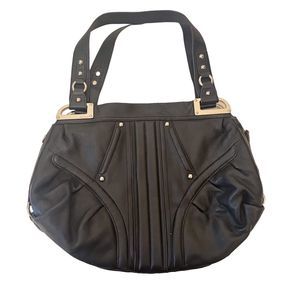B. Makowsky Black Leather Shoulder Bag Purse with Leopard Print Lining